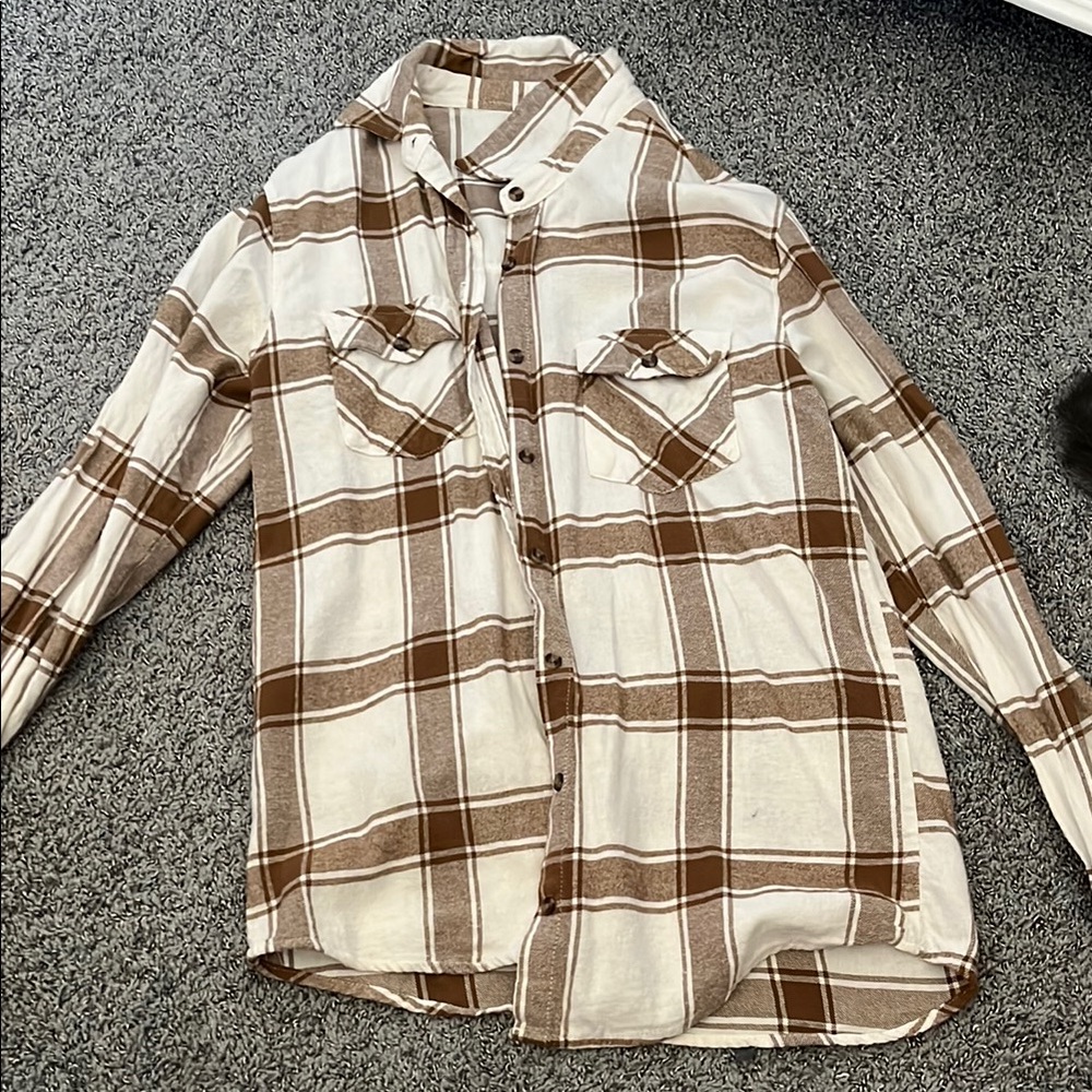 Brown and White Plaid Button-Up Shirt